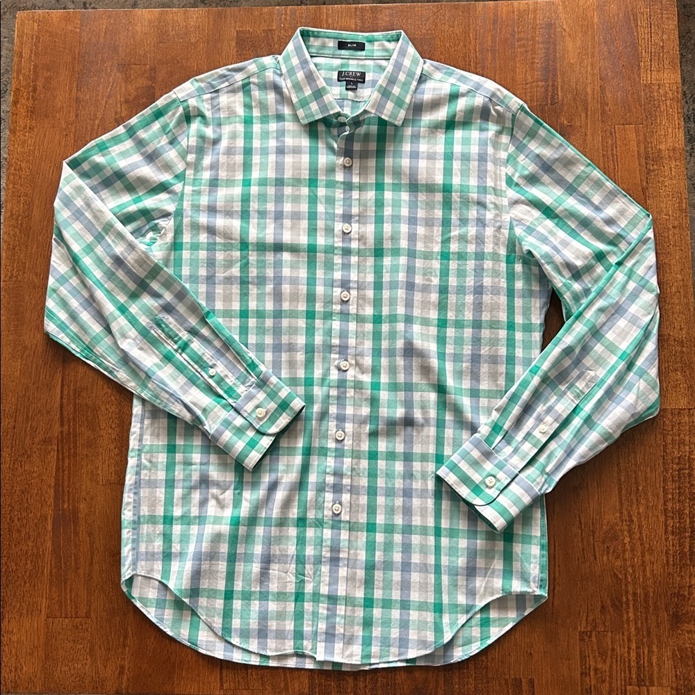 J.Crew mens blue green plaid button down wrinkle free spring preppy size L​​